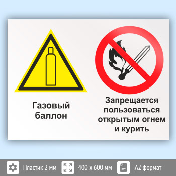 Знак «Газовый баллон. Запрещается пользоваться открытым огнем и курить», КЗ-19 (пластик, 600х400 мм)